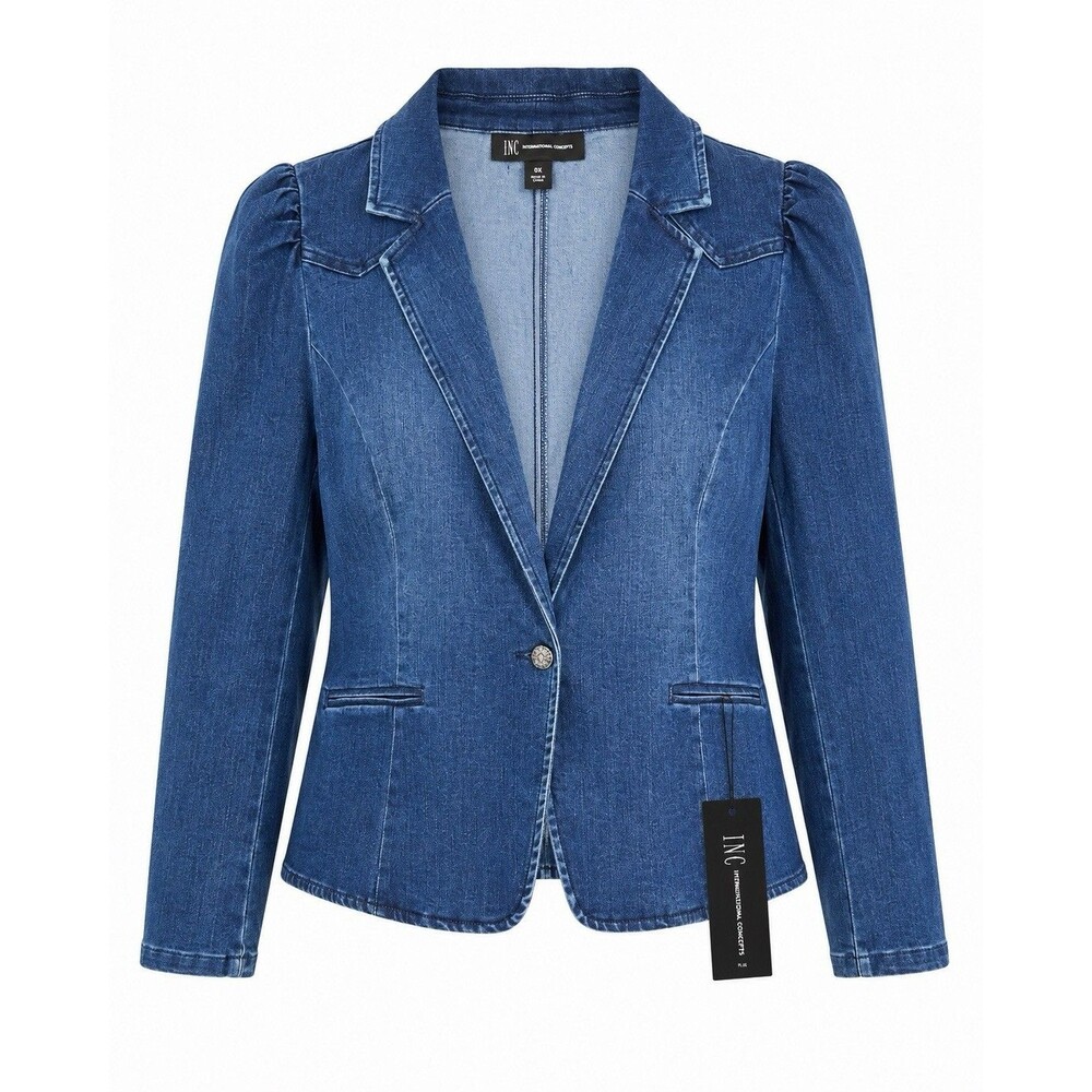 INC International Concepts 0X Puff Sleeve Denim Blazer Stretch Plus Size Jacket